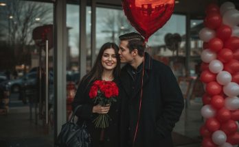 mit gondolnak a párok Valentin-napról, szerelmes pár virággal és lufival