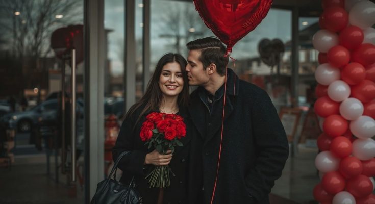 mit gondolnak a párok Valentin-napról, szerelmes pár virággal és lufival